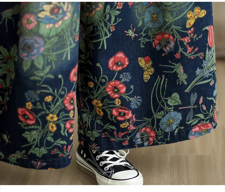 Jeans Blume Floral Print Herbst Breite Bein Hose Frauen Lose Gefaltete Mode Damen Übergroßen Hosen Elastische Taille Frau Hosen