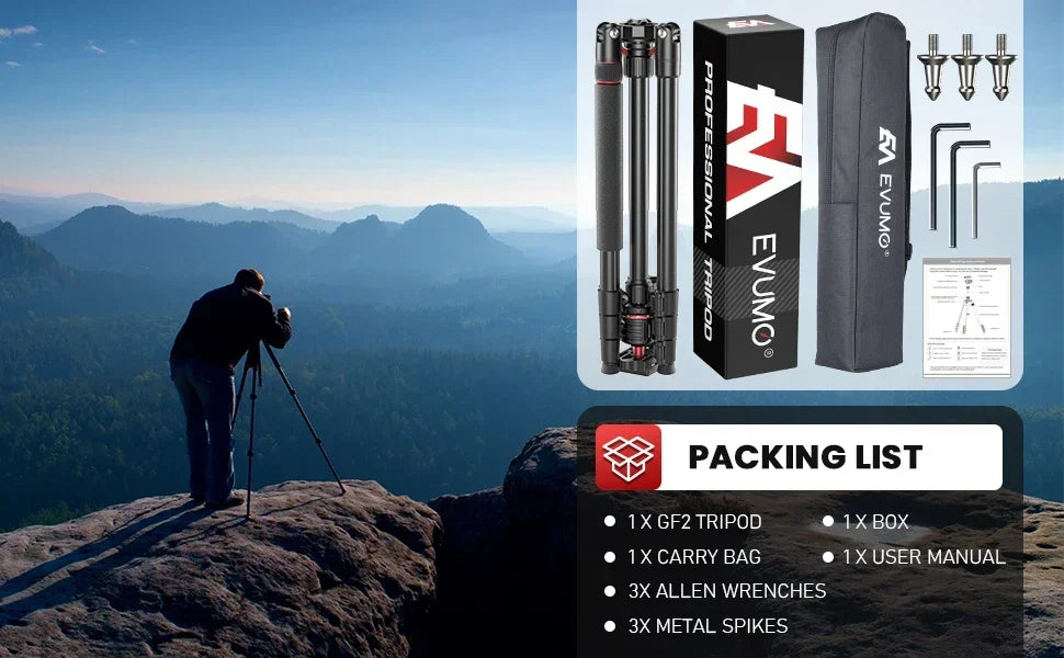 EVUMO GF2 Reisestativ, 1,73 m, Kamera aus Aluminiumlegierung, Telefon, leichter Ständer mit Arca Swiss Plate 360° ° Drehbarer Kugelkopf, 8 kg Belastung
