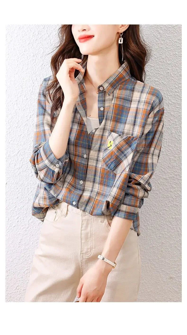 Kariertes Hemd für Frauen im Frühjahr und Herbst neues modisches und Retro-Hemd aus reiner Baumwolle, getragen mit einem fremden