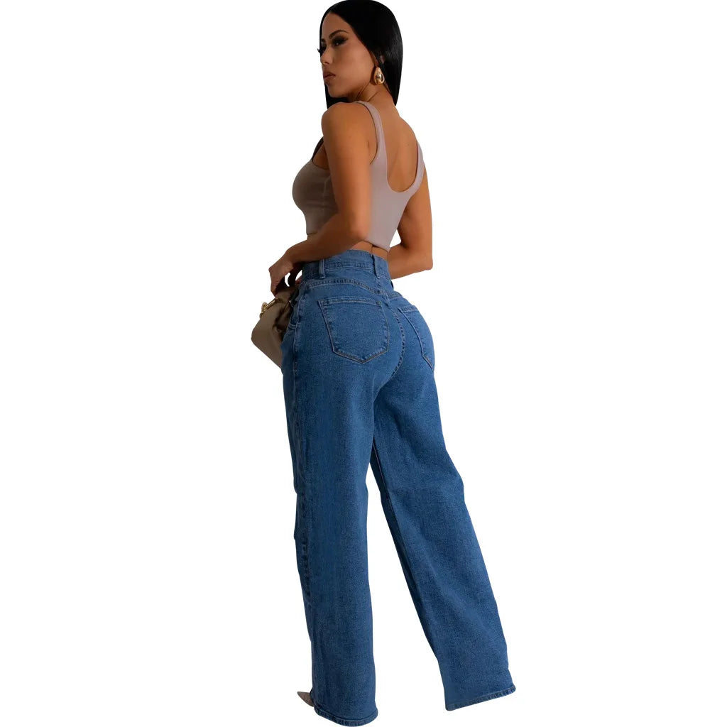 Jeans Frauen lange Hosen Denim weites Bein Hose Slim Fit lässig y2k Streetwear Knopf Tasche hohe Taille elegante gerade Hose