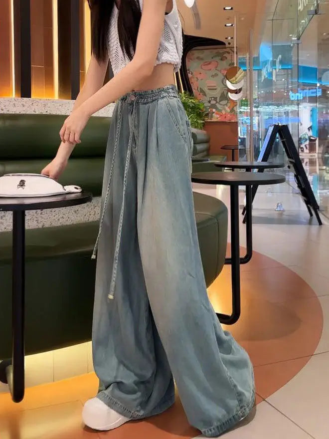 Jeans 2024, Sommer, neu, drapiert, weite Beine, elastisch und vielseitig, trendige, vielseitige Hose, Boyfriend-Jeans für Damen, Hosen für Damen