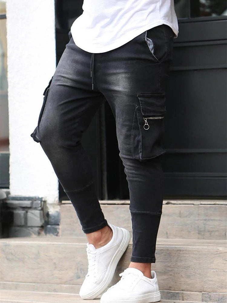 Jeans Männer Denim Cargo Hosen Waschen Einfarbig Multi Taschen Casual Mittlere Taille Hosen Straße Elasti Slim Fit Täglichen Tragen Jogger
