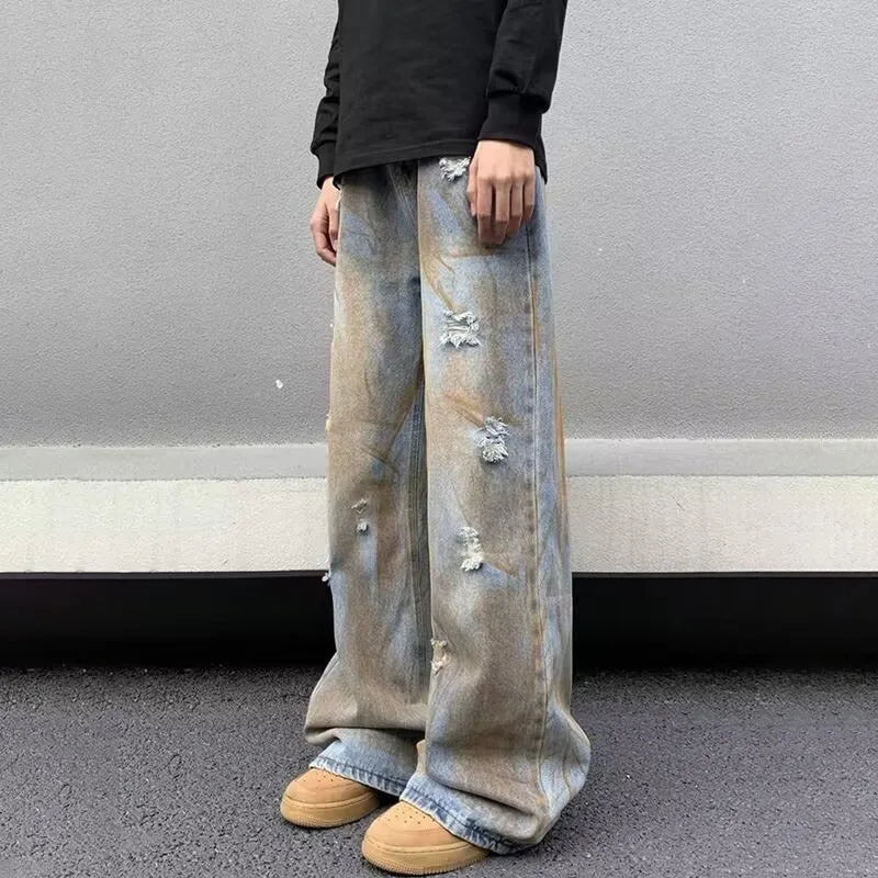 Japanische Jeans mit geradem Bein für Herren, lockere Hose mit weitem Bein, modische, lässige, zerrissene Jeans, Vintage-Y2k-Jeans