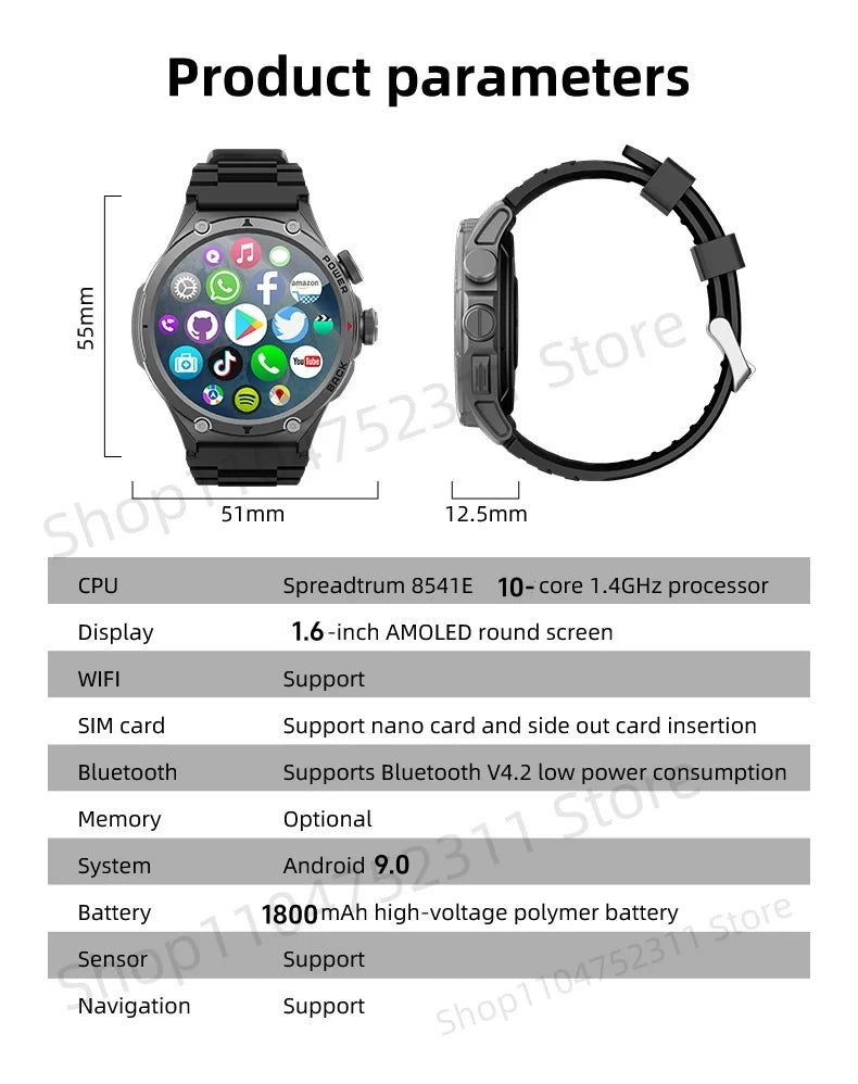 H12 Smartwatch 4G LTE Smartwatch mit WiFi SIM 1,6 Zoll AMOLED-Display Rotierende Kameras Videoanruf GPS Play Store App-Download