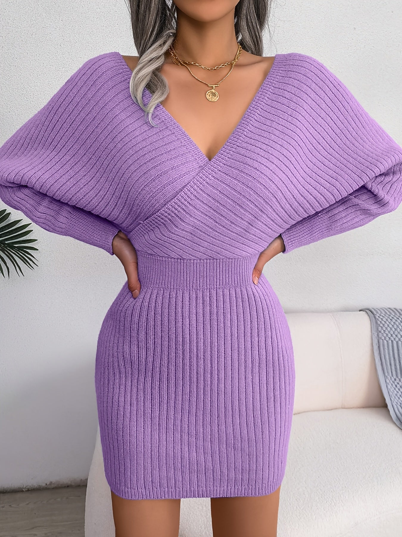 Sexy Cross V Neck Bodycon Sweater Dress, Batwing Sleeve Solid Criss Cross Neck Cross Sexy Dresses, Women's Clothing