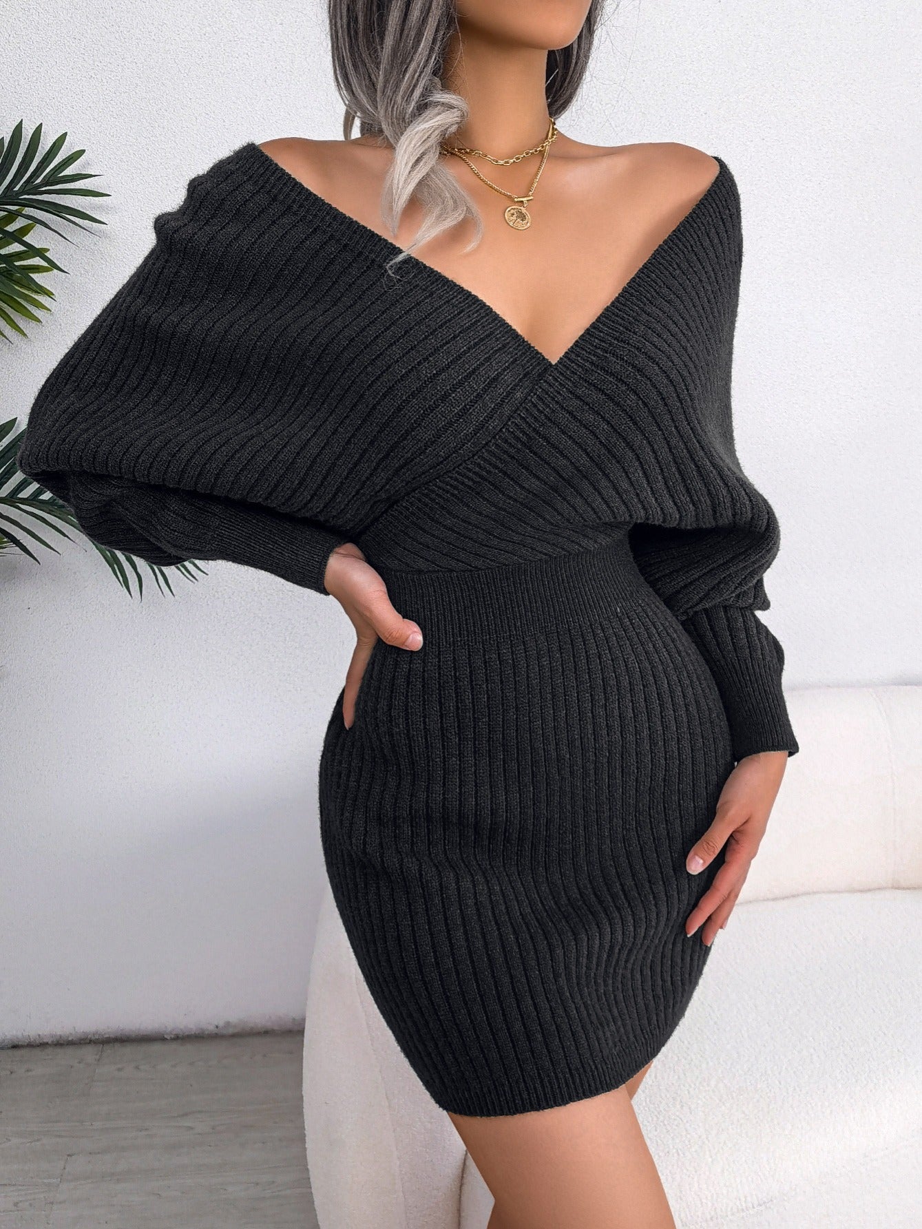 Sexy Cross V Neck Bodycon Sweater Dress, Batwing Sleeve Solid Criss Cross Neck Cross Sexy Dresses, Women's Clothing