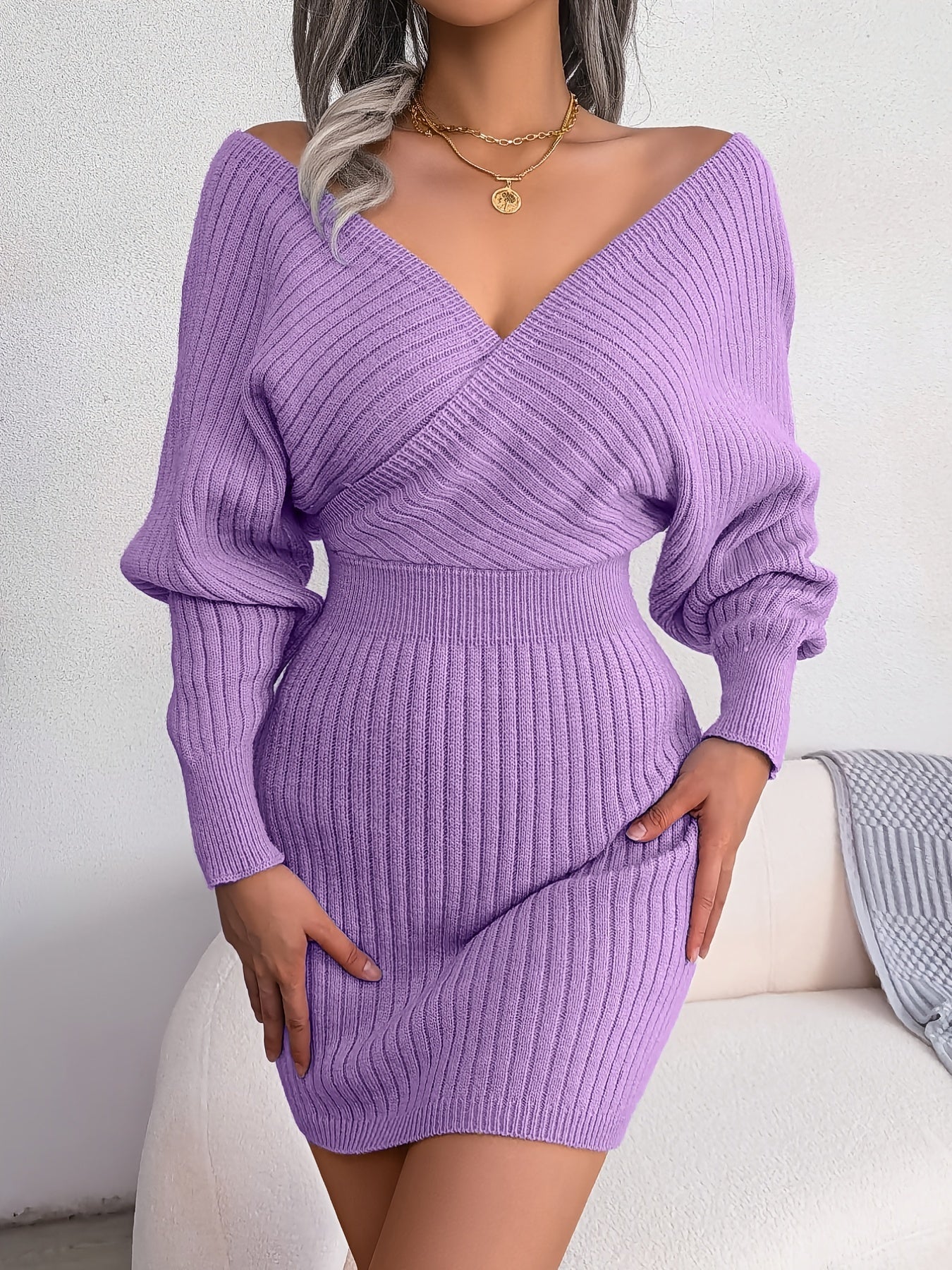 Sexy Cross V Neck Bodycon Sweater Dress, Batwing Sleeve Solid Criss Cross Neck Cross Sexy Dresses, Women's Clothing
