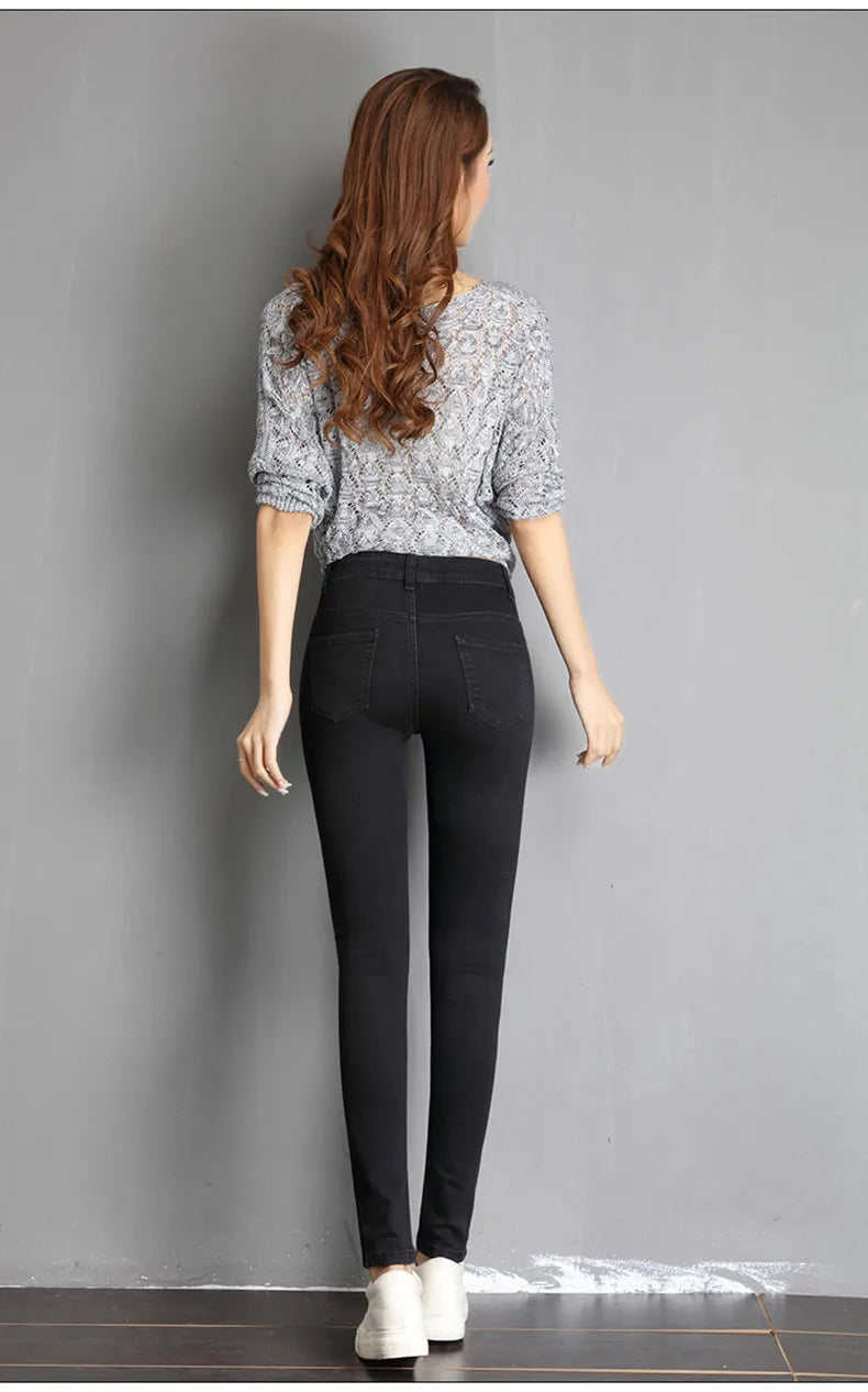 Jeans für Damen, Mama-Jeans, blau, grau, schwarz, für Damen, hochelastisch, 36, 38, 40, Stretch-Jeans, weiblich, gewaschener Denim, dünne Bleistifthose