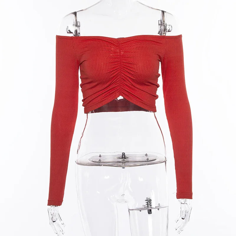 Frauen T-shirts sexy und club mode weibliche T-shirt langarm schulterfrei einfarbig dame T-shirt herbst grundlegende tees