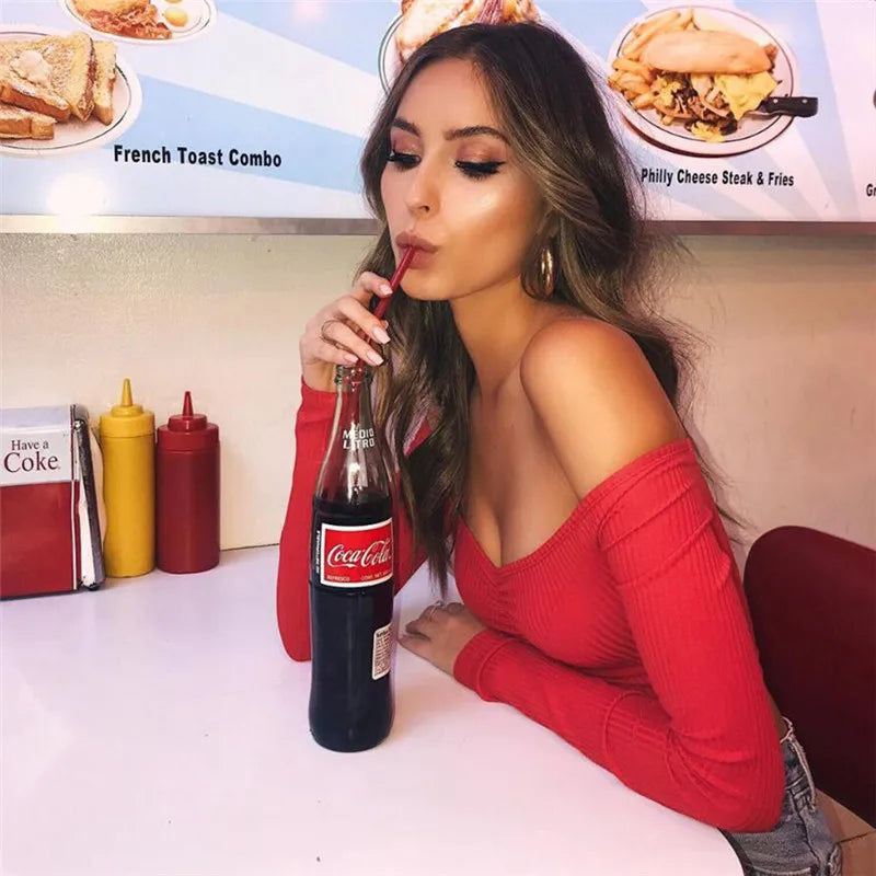 Frauen T-shirts sexy und club mode weibliche T-shirt langarm schulterfrei einfarbig dame T-shirt herbst grundlegende tees