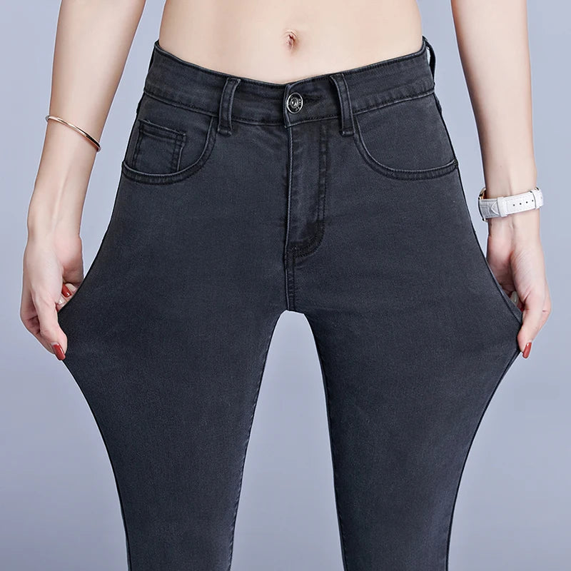 Jeans für Damen, Mama-Jeans, blau, grau, schwarz, für Damen, hochelastisch, 36, 38, 40, Stretch-Jeans, weiblich, gewaschener Denim, dünne Bleistifthose