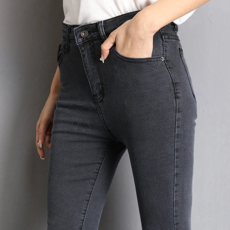 Jeans für Damen, Mama-Jeans, blau, grau, schwarz, für Damen, hochelastisch, 36, 38, 40, Stretch-Jeans, weiblich, gewaschener Denim, dünne Bleistifthose