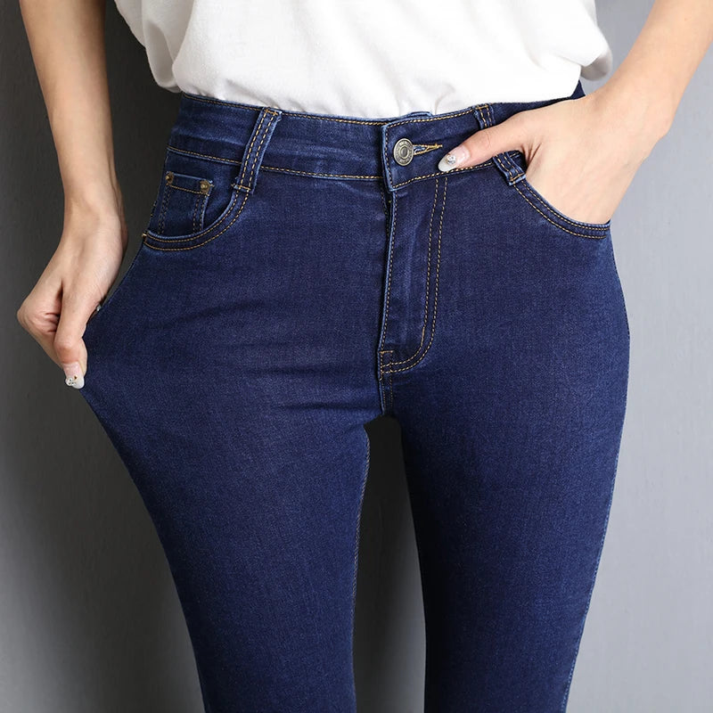 Jeans für Damen, Mama-Jeans, blau, grau, schwarz, für Damen, hochelastisch, 36, 38, 40, Stretch-Jeans, weiblich, gewaschener Denim, dünne Bleistifthose