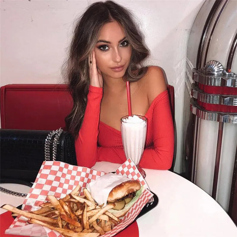 Frauen T-shirts sexy und club mode weibliche T-shirt langarm schulterfrei einfarbig dame T-shirt herbst grundlegende tees