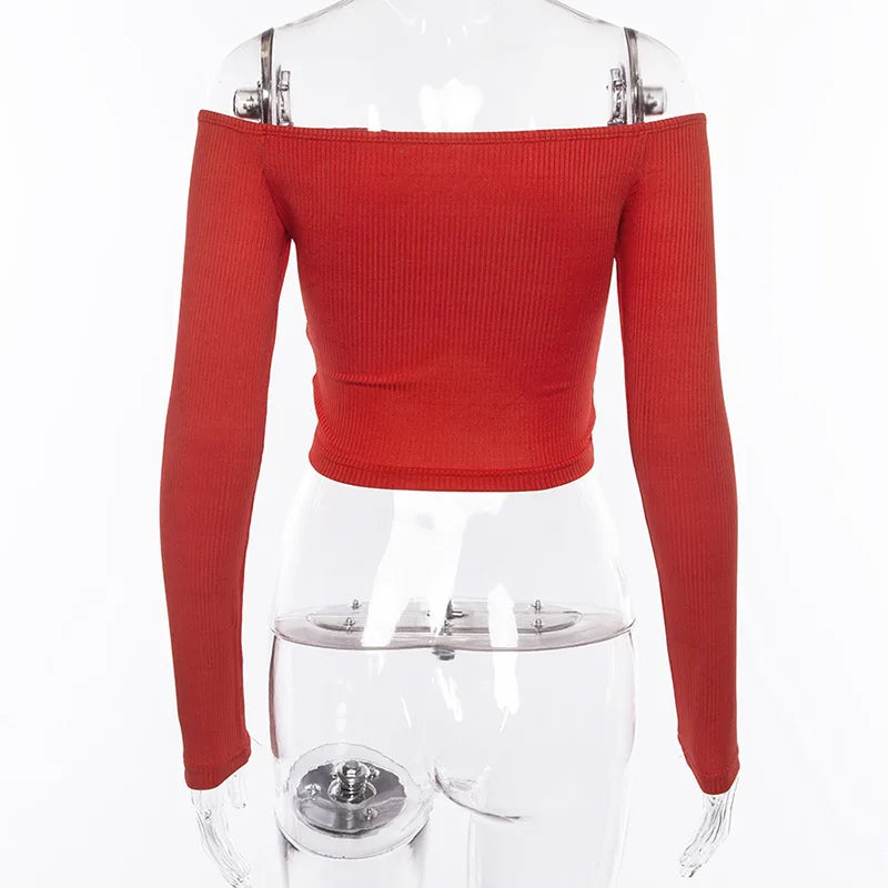 Frauen T-shirts sexy und club mode weibliche T-shirt langarm schulterfrei einfarbig dame T-shirt herbst grundlegende tees