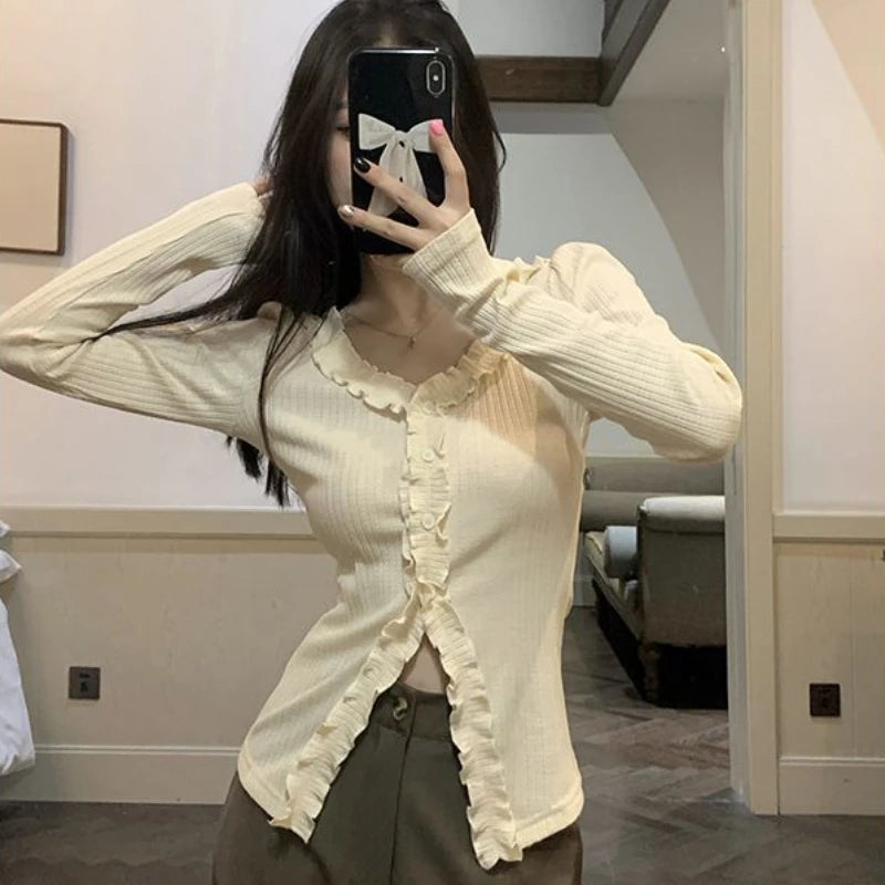 Dünne Hemden Frauen Langarm Frühling Elegante Büro Dame Vintage Rüschen Ziemlich Design Chic Gemütliche Tops Temperament Einfache Beliebt