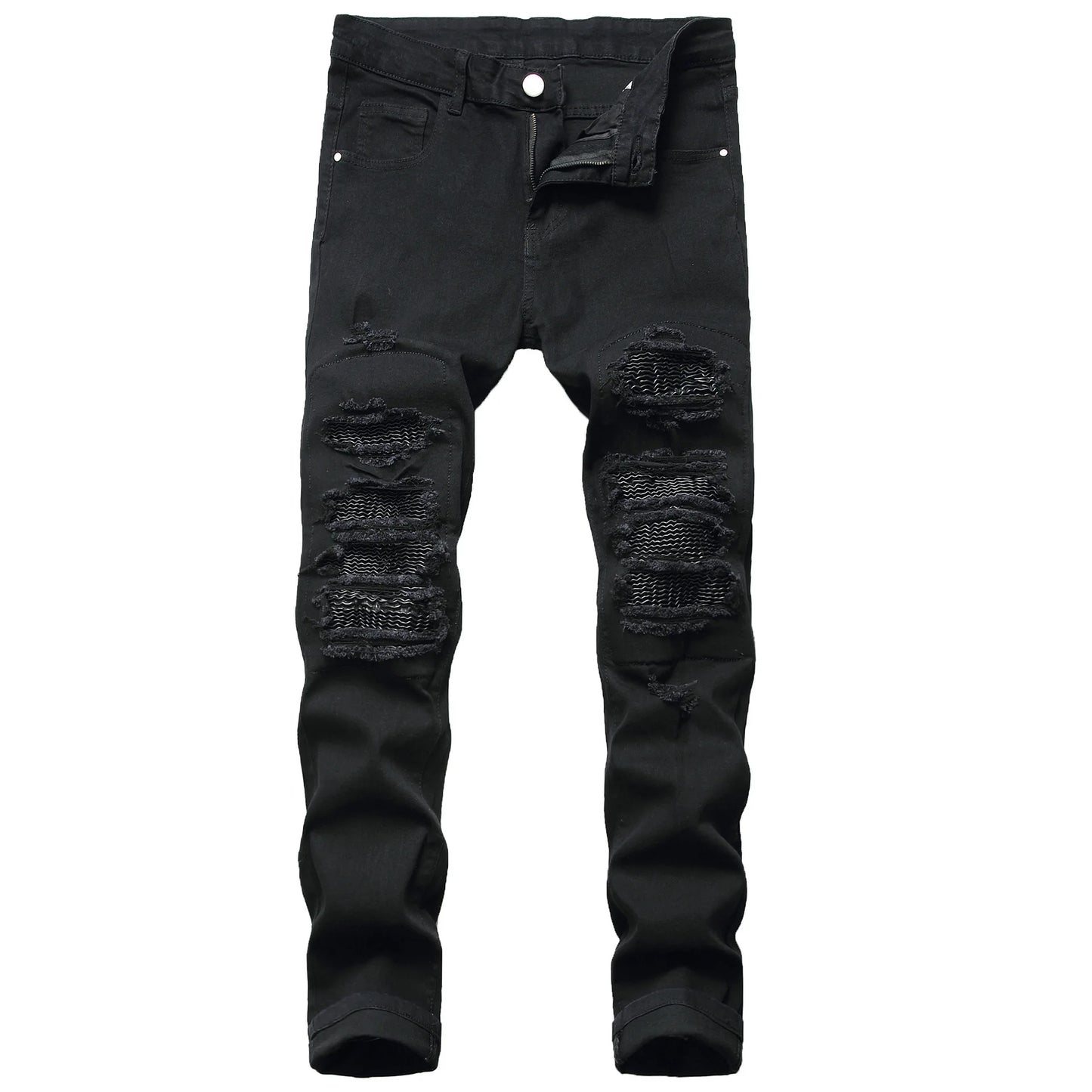 Jeans für Männer High Street mit Löchern und schwarzen Spitzen Slim Fit Jeans und Herren hosen