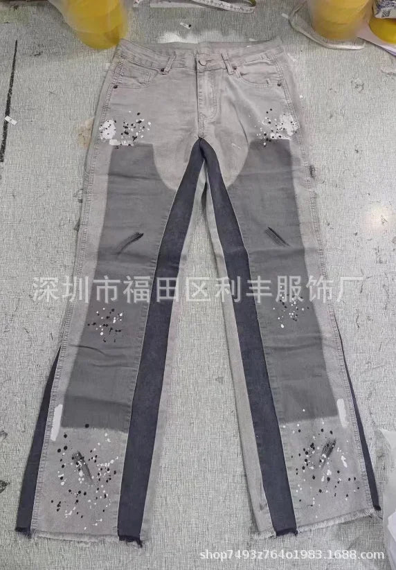 Herrenmode-Jeans-Arbeitshose, europäische und amerikanische Mode-Arbeitskleidung, elastische Patchwork-Denim-Layered-Schlaghose S-XXL