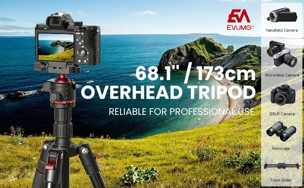 EVUMO GF2 Reisestativ, 1,73 m, Kamera aus Aluminiumlegierung, Telefon, leichter Ständer mit Arca Swiss Plate 360° °   Drehbarer Kugelkopf, 8 kg Belastung