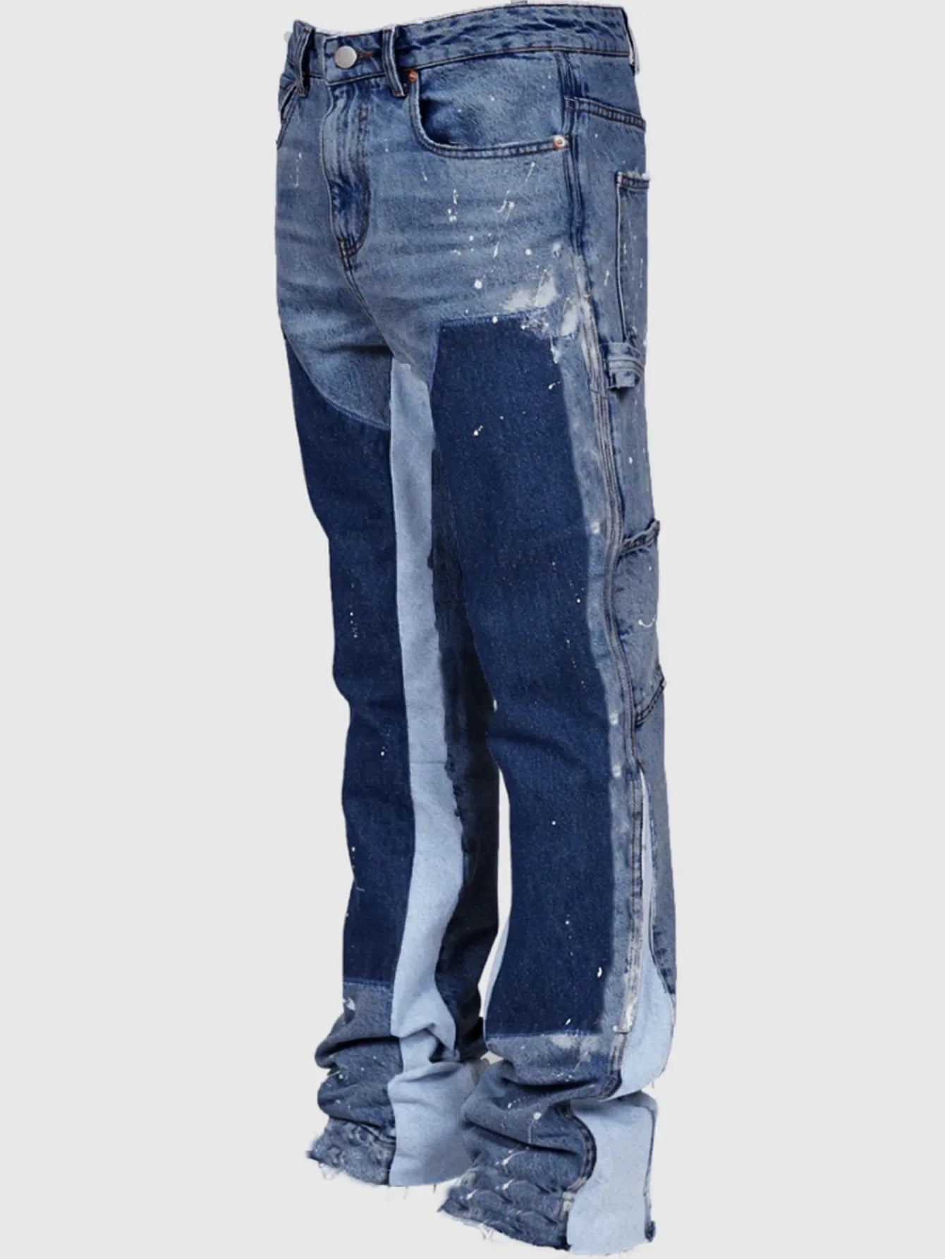 Herrenmode-Jeans-Arbeitshose, europäische und amerikanische Mode-Arbeitskleidung, elastische Patchwork-Denim-Layered-Schlaghose S-XXL