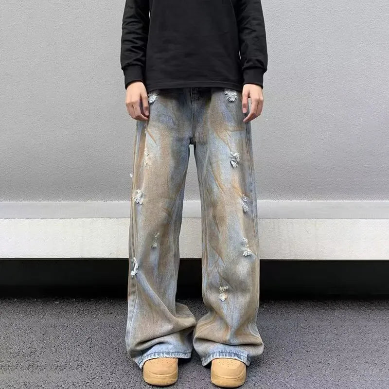 Japanische Jeans mit geradem Bein für Herren, lockere Hose mit weitem Bein, modische, lässige, zerrissene Jeans, Vintage-Y2k-Jeans