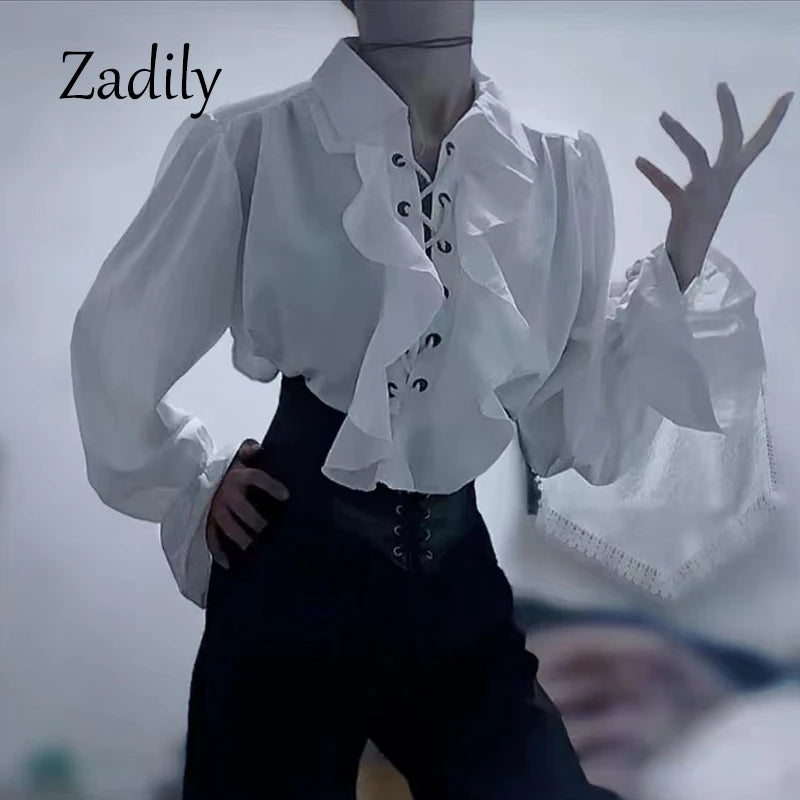 Piratenhemd für Herren, Vintage-Gothic-Renaissance-Stil, Rüschen, Schnürung, mittelalterliches Buccaneer-Blusenoberteil für alle Jahreszeiten