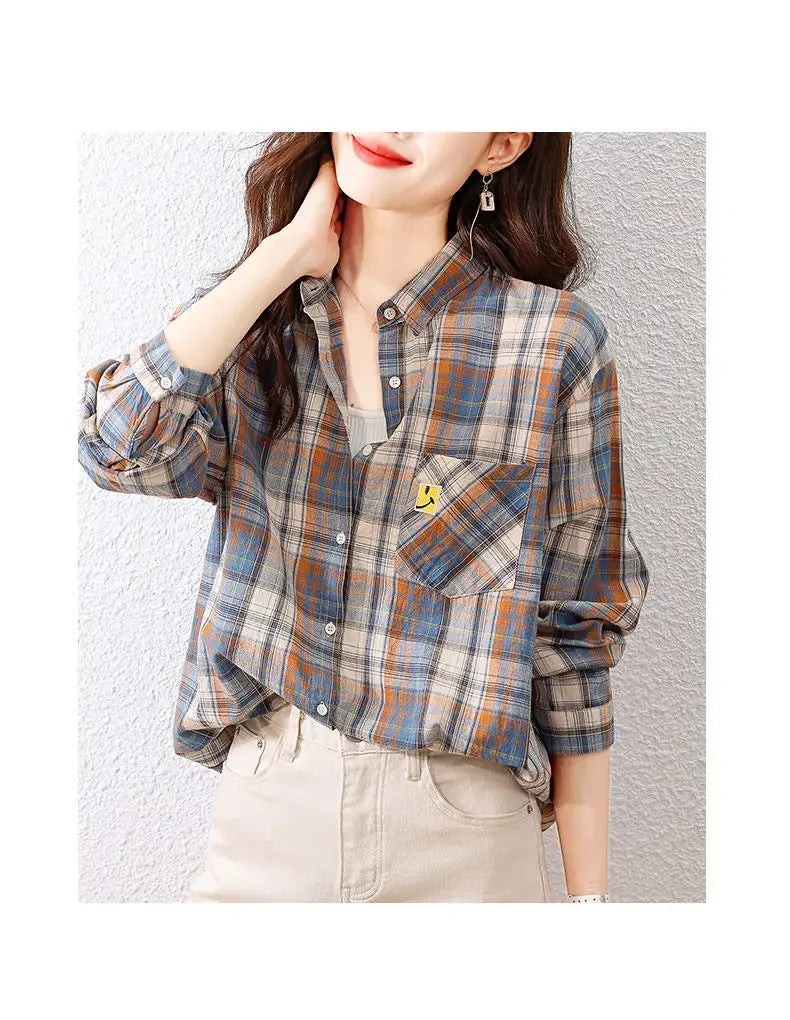 Kariertes Hemd für Frauen im Frühjahr und Herbst neues modisches und Retro-Hemd aus reiner Baumwolle, getragen mit einem fremden