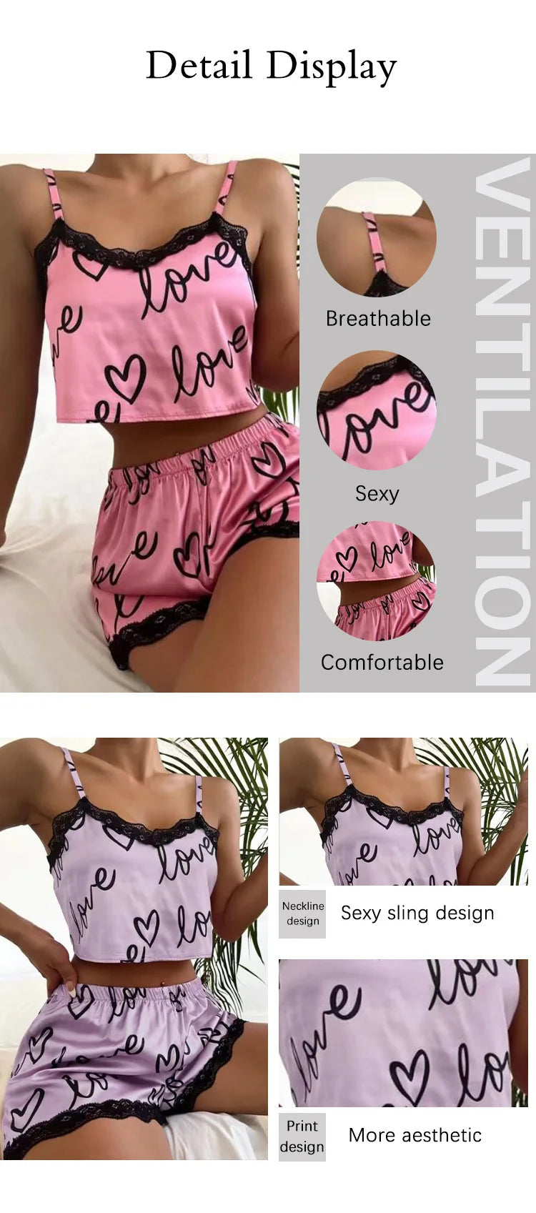 2 Stück Set Damen Pyjama Shorts Anzug Homewear Print Unterwäsche Pijama sexy Dessous Leibchen Panzer für Damen Nachtwäsche
