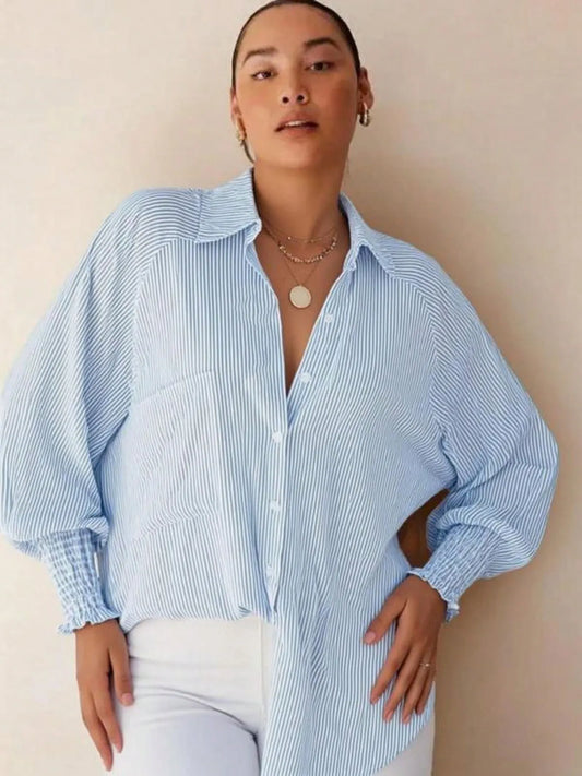 Gestreiftes bedrucktes Hemd mit Knopfleiste vorne, Taschen und Bündchenärmeln, lässiges Oberteil, geeignet für den Alltag und den Urlaub, Damenstil