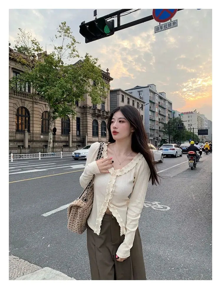 Dünne Hemden Frauen Langarm Frühling Elegante Büro Dame Vintage Rüschen Ziemlich Design Chic Gemütliche Tops Temperament Einfache Beliebt