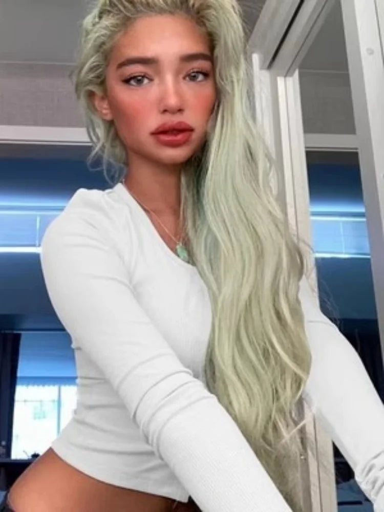 Einreiher T-shirt Langarm Crop Top Einfarbig T Shirts Für Frauen Streetwear Slim Fit Dame Outfit Camisetas Ropa Mujer