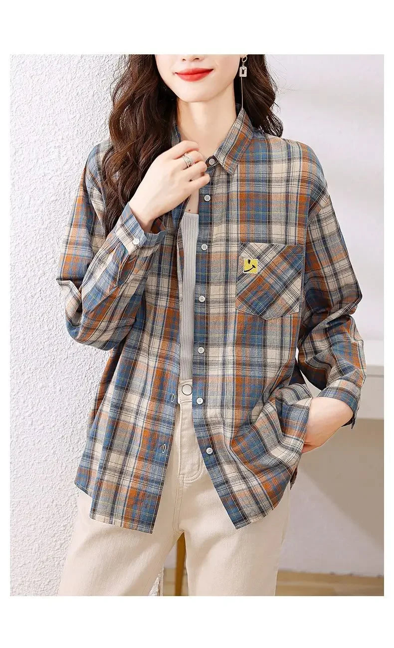 Kariertes Hemd für Frauen im Frühjahr und Herbst neues modisches und Retro-Hemd aus reiner Baumwolle, getragen mit einem fremden