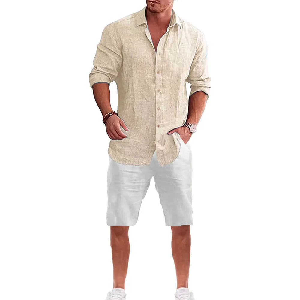 Männer Langarm Hemd Anzug Casual Einfachen Stil Revers Kragen Leichte Atmungsaktive Outfit Männliche Mode Sets Frühling Sommer