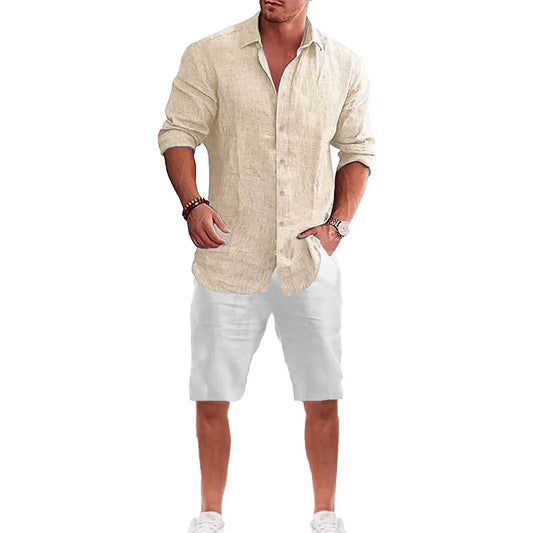 Männer Langarm Hemd Anzug Casual Einfachen Stil Revers Kragen Leichte Atmungsaktive Outfit Männliche Mode Sets Frühling Sommer