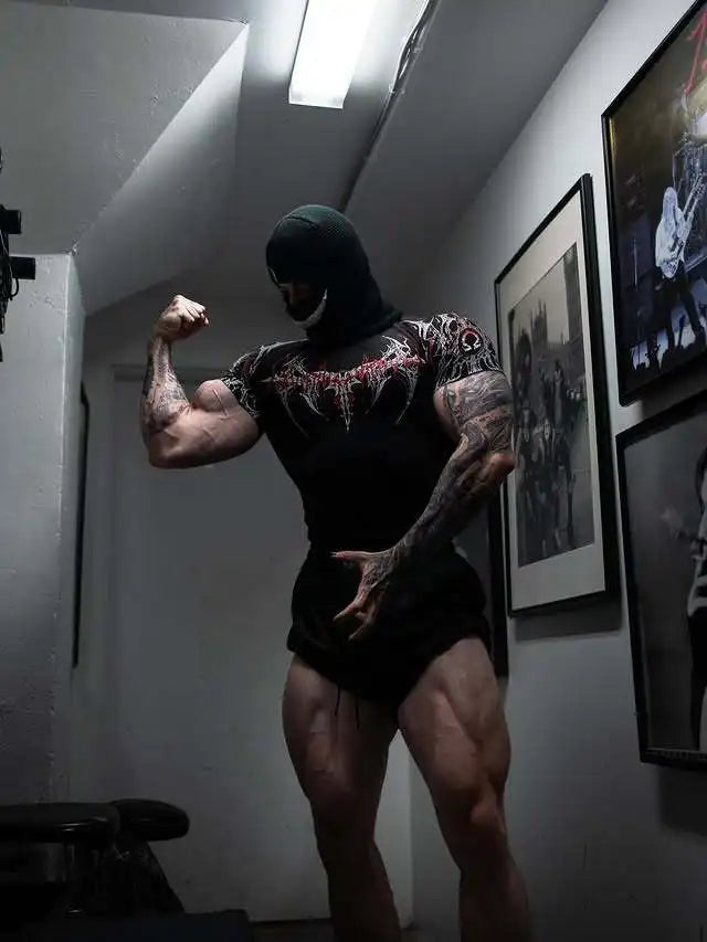 GYM-T-Shirt für Herren, dunkler Gothic-Druck, Muskel-T-Shirt, hohe Elastizität und schnell trocknende Übung für Bodybuilding-Training, 2025, Sommer
