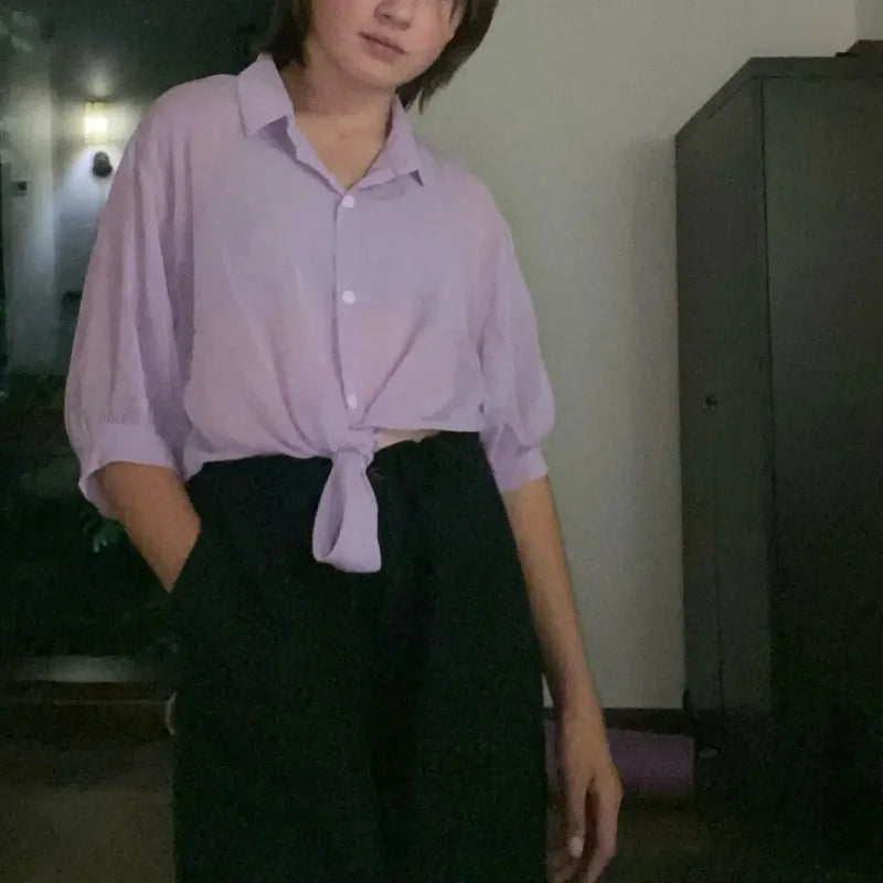 Sommer Frauen Chiffon Shirts Halbe Hülse Mit Knöpfen Hemd Neue Lose Beiläufige Bluse Gebunden Taille Elegante Blusen