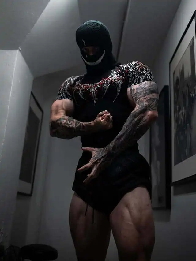 GYM-T-Shirt für Herren, dunkler Gothic-Druck, Muskel-T-Shirt, hohe Elastizität und schnell trocknende Übung für Bodybuilding-Training, 2025, Sommer