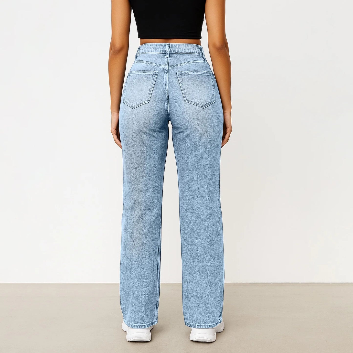 Jeans mit weitem Bein für Damen, hellblau, hohe Taille, schlichtes Design, modische Hose, locker sitzende Hose mit hohem Bund, geeignet für den Alltag