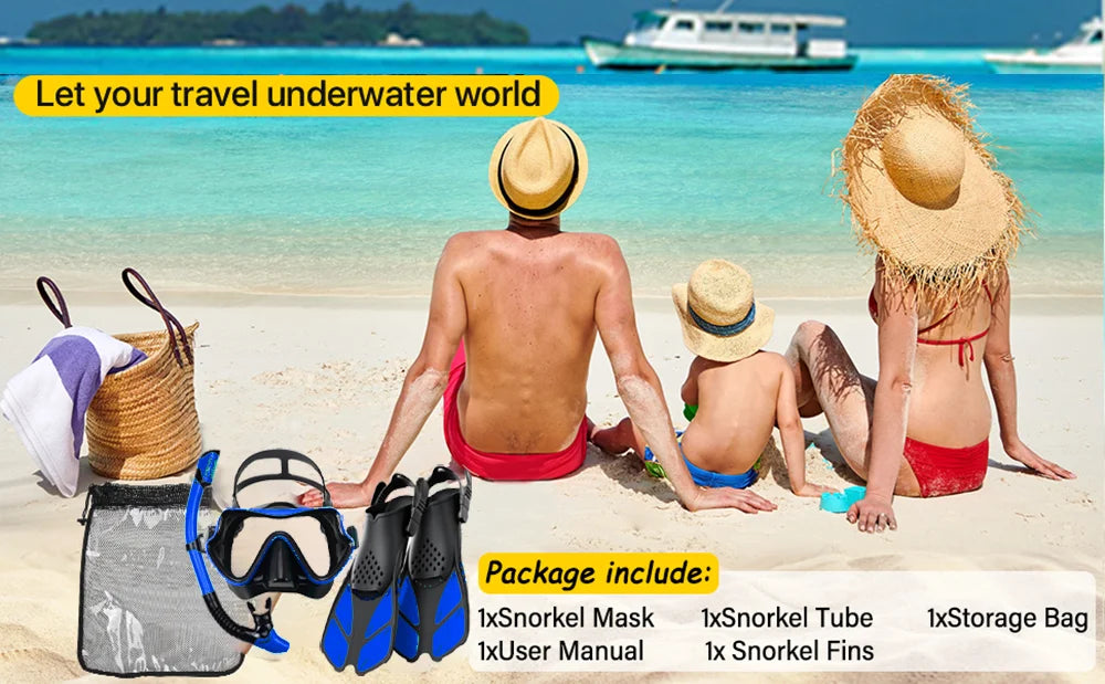 Maskenflossen-Schnorchel-Set, Schnorchelausrüstung für Erwachsene, Panoramablick, Schnorchelmaske, verstellbarer Tauchflipper, Schnorchel- und Reisetasche mit trockenem Oberteil