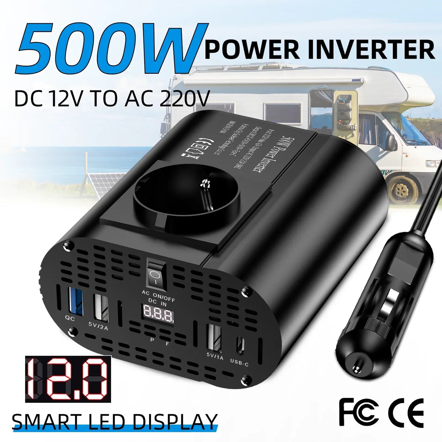 400 W/500 W Auto-Wechselrichter DC 12 V auf AC 220 V Konverter, 3 USB 2.0 und 1 USB QC3.0 Steckdose nach europäischem Standard
