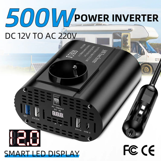 400 W/500 W Auto-Wechselrichter DC 12 V auf AC 220 V Konverter, 3 USB 2.0 und 1 USB QC3.0 Steckdose nach europäischem Standard