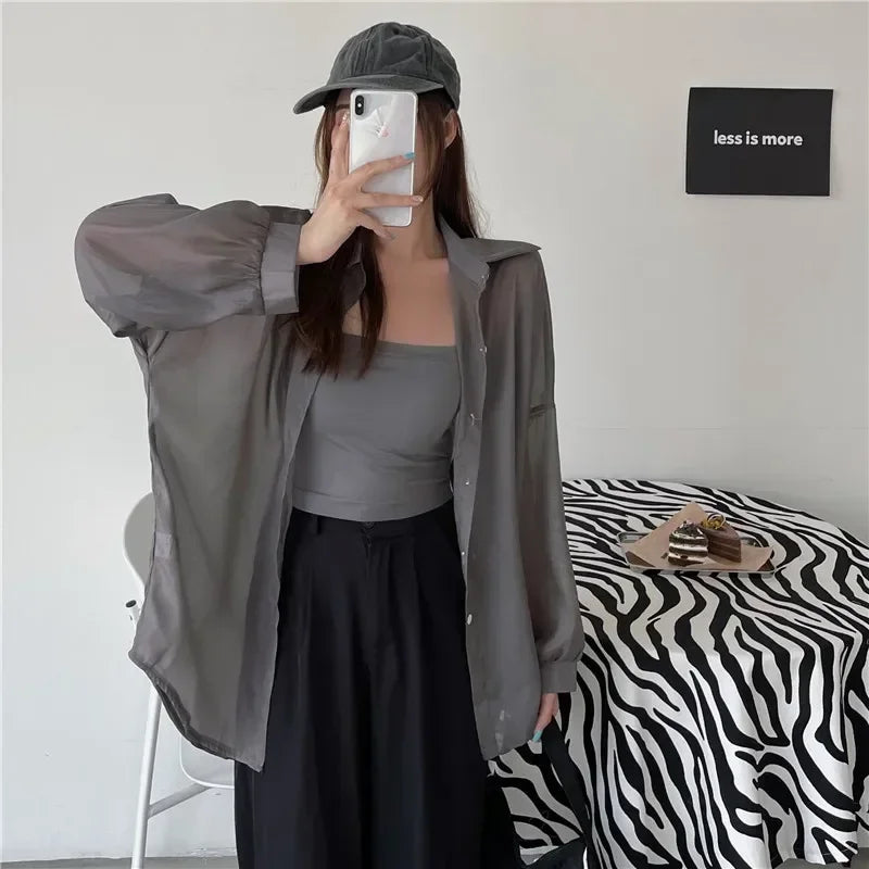 Übergroßes Hemd für Damen, schwarz, weiß, dünn, Chiffon-Kragen, lange Ärmel, Knopfleiste, Bluse, weiblich, Teenager-Mädchen, Strand-Vertuschung