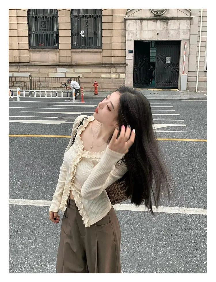 Dünne Hemden Frauen Langarm Frühling Elegante Büro Dame Vintage Rüschen Ziemlich Design Chic Gemütliche Tops Temperament Einfache Beliebt