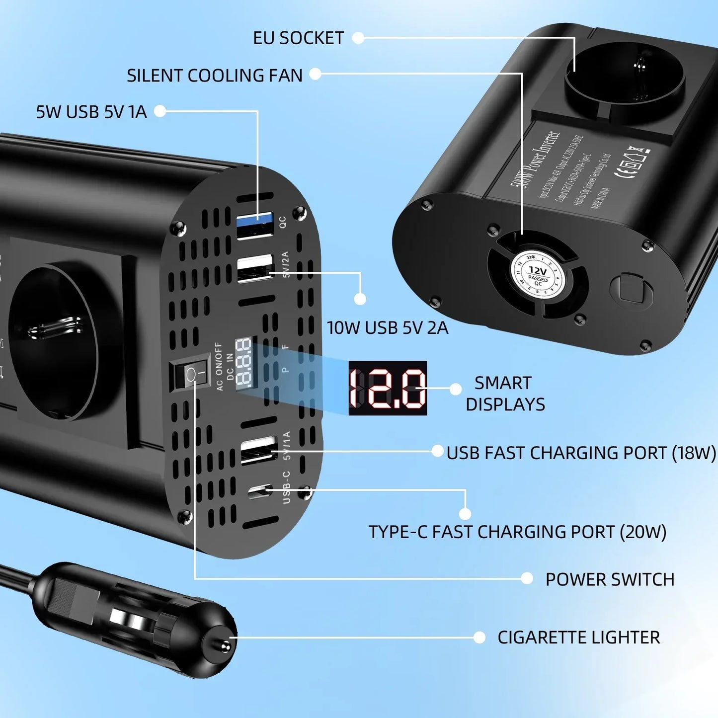 400 W/500 W Auto-Wechselrichter DC 12 V auf AC 220 V Konverter, 3 USB 2.0 und 1 USB QC3.0 Steckdose nach europäischem Standard