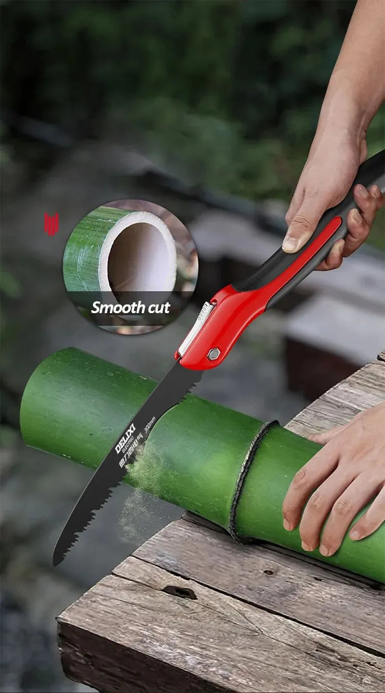 DELIXI ELEKTRISCHE Klappsäge, Ein-Knopf-Klappdesign aus SK5-Stahl, scharfes Schneiden von Holz, Camping-DIY, Gartensäge, Baumhackermesser