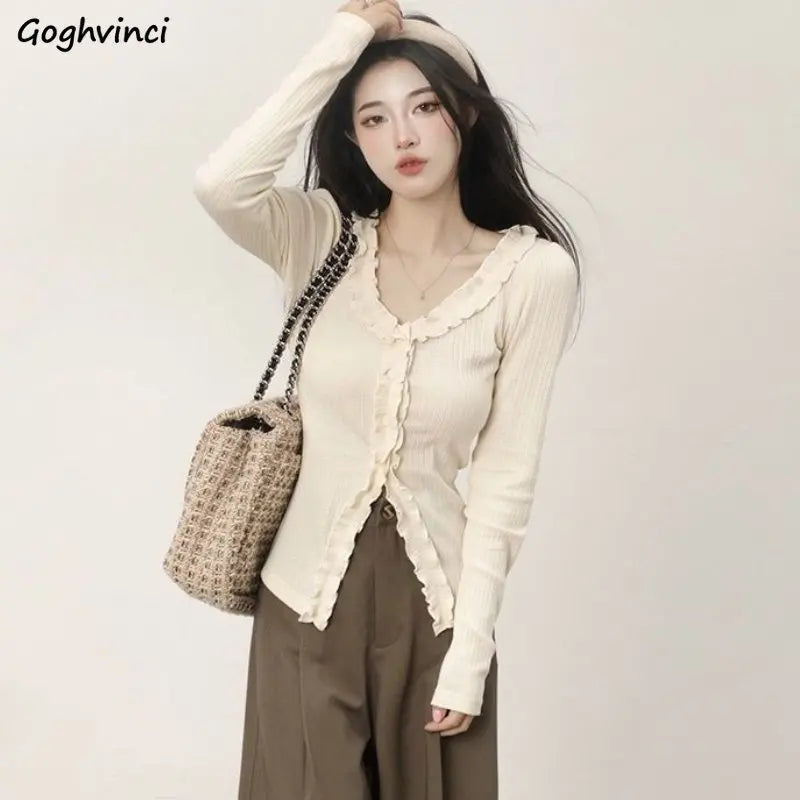 Dünne Hemden Frauen Langarm Frühling Elegante Büro Dame Vintage Rüschen Ziemlich Design Chic Gemütliche Tops Temperament Einfache Beliebt