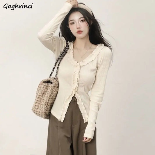 Dünne Hemden Frauen Langarm Frühling Elegante Büro Dame Vintage Rüschen Ziemlich Design Chic Gemütliche Tops Temperament Einfache Beliebt