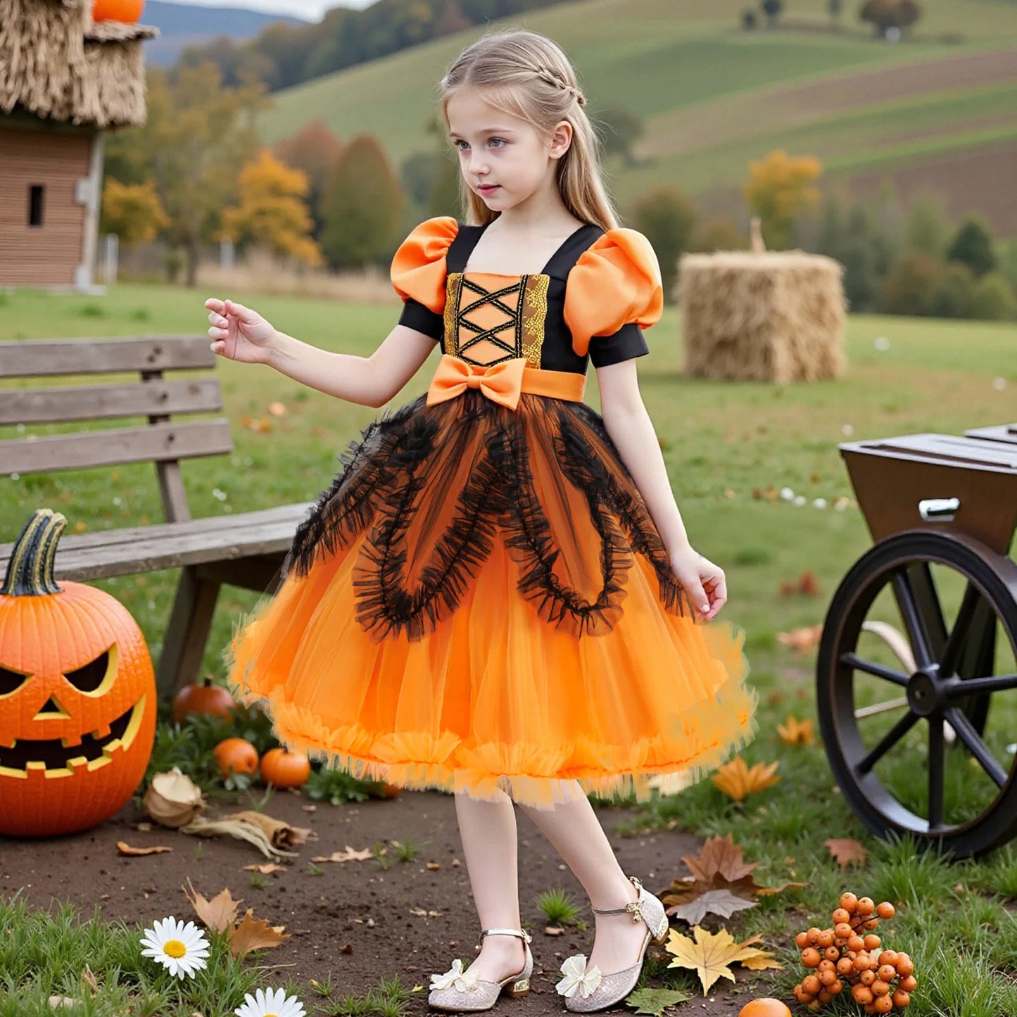 Halloween-Kostüm für Mädchen, Cosplay, Performance, Kinderkleid, orangefarbenes Kleid + Kürbis, komplettes Set an Kostümen für besondere Anlässe