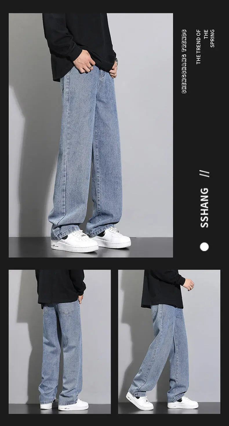 2025 neue Koreanische männer Casual Lange Jeans Klassische Mann Gerade Denim Breite bein Hosen Einfarbig Hellblau grau Schwarz