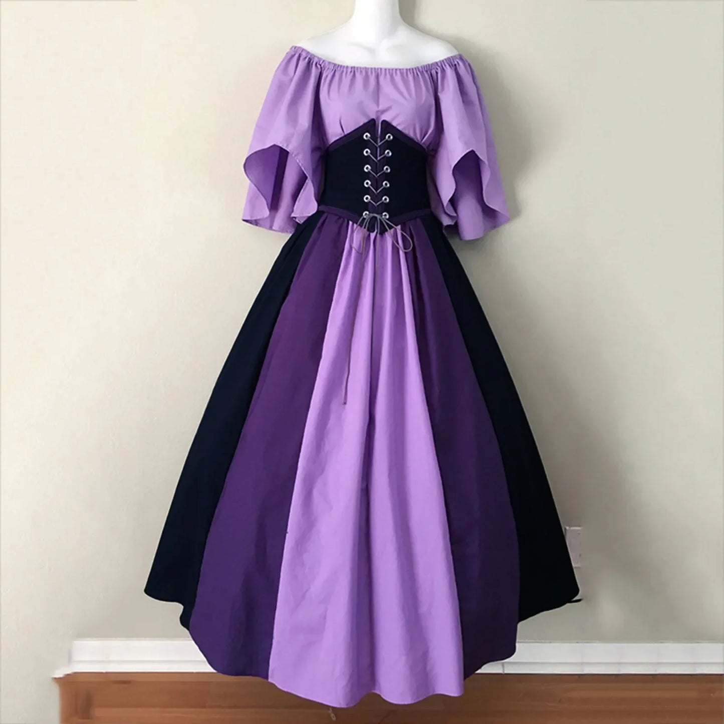 Halloween-Kostüme für Damen, mittelalterlich, Retro, Kontrastfarbe, schmales Swing-Kleid, Ein-Wort-Schulterkleid, Love Live Cosplay